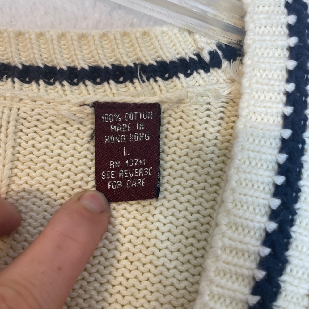 John Ashford Mens Cream Cotton Knit Cardigan Sweater Navy Trim Large 483 - Picture 6 of 9